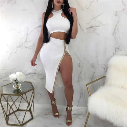 Fashionable Sleeveless Two-Piece Outfit with Gold Trim