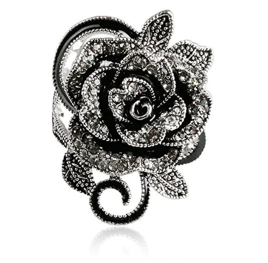 Vintage Women's Rose Flower Ring with Silver Plating