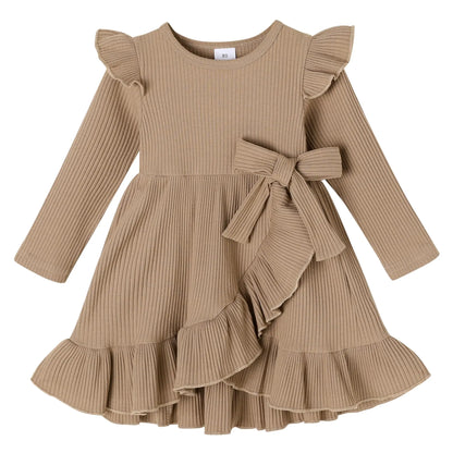 Cotton Blend Long Sleeve Toddler Dress - Ruffle Brown