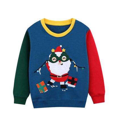 HILEELANG Toddler Boy Christmas Sweatshirts Santa Claus Applique Pullover Cotton Long Sleeve Top Clothing 4T