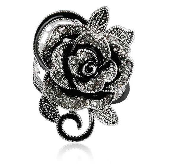 Vintage Women's Rose Flower Ring with Silver Plating