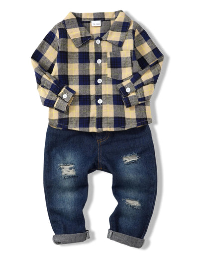 Trendy Toddler Boys' Denim & Flannel Outfit Set 2T-3T