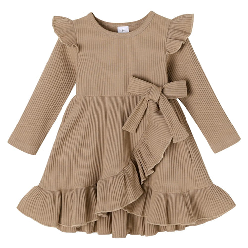 Cotton Blend Long Sleeve Toddler Dress - Ruffle Brown